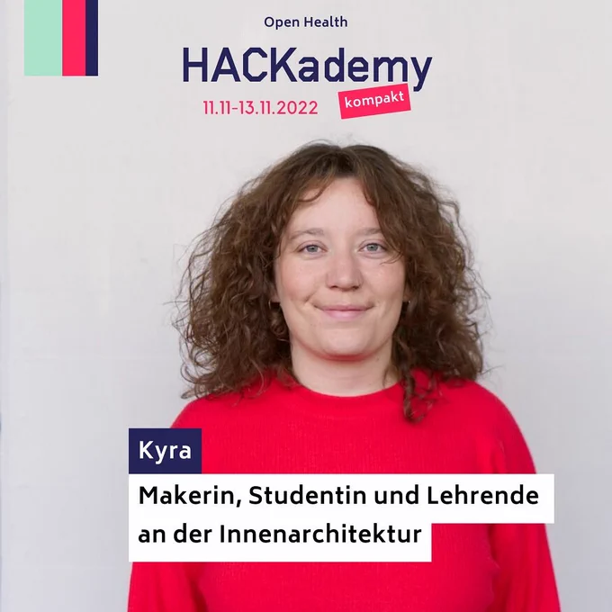 Ein Portrait einer Person und der Text: Kyra Makerin, Studentin und Lehrende 
an der Innenarchitektur