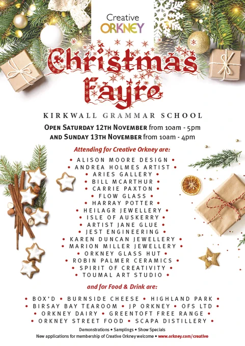 Creative Orkney Christmas Fayre poster, featuring names of each business taking part and festive imagery.