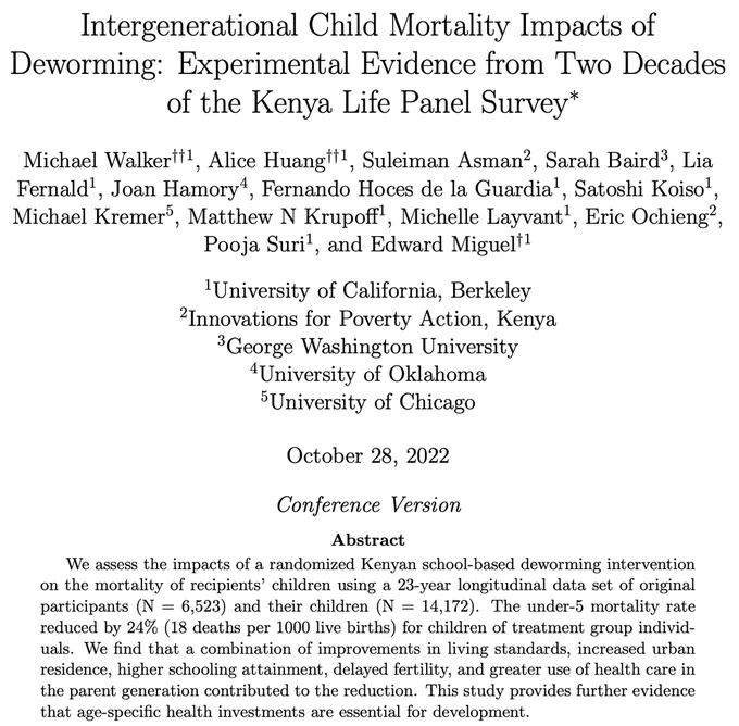 Study title: Intergenerational Child Mortality Impacts of
Deworming: Experimental Evidence from Two Decades
of the Kenya Life Panel Survey

Abstract: We assess the impacts of a randomized Kenyan school-based deworming intervention on the mortality of recipients’ children using a 23-year longitudinal data set of original participants (N = 6,523) and their children (N = 14,172). The under-5 mortality rate reduced by 24% (18 deaths per 1000 live births) for children of treatment group individuals. We find that a combination of improvements in living standards, increased urban residence, higher schooling attainment, delayed fertility, and greater use of health care in the parent generation contributed to the reduction. This study provides further evidence that age-specific health investments are essential for development.