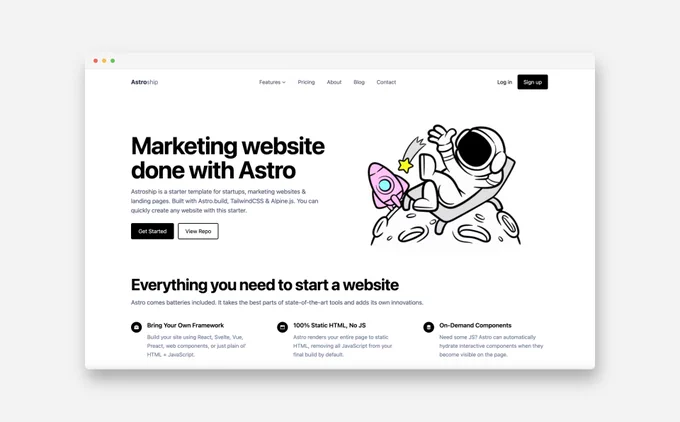 A screenshot of a website template designed by Surjith for Web3Templates shows a hero section with an astronaut illustration. 