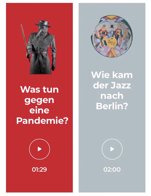 Screenshot der Webseite Stadtmuseum.de zeigt zwei sogenannte „AudioShorts“ beim einem geht es um Pandemien und beim anderen um Jazz in Berlin.