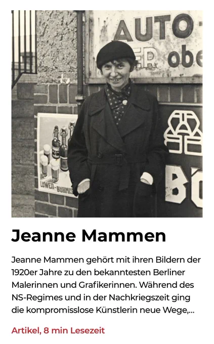 Screenshot der Webseite Stadtmuseum.de zeigt einen Teaser des Beitrages über die Berliner Künstlerin Jeanne Mammen.