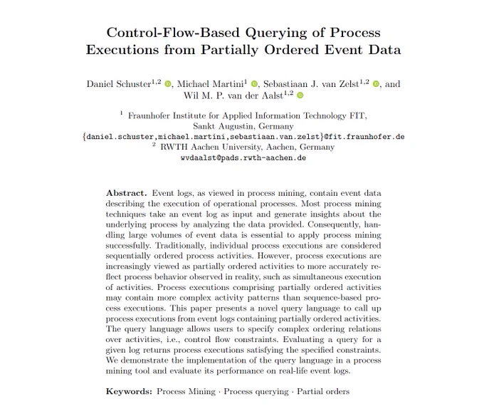 Cover page of the paper "Control-Flow-Based Querying of Process Executions from Partially Ordered Event Data"