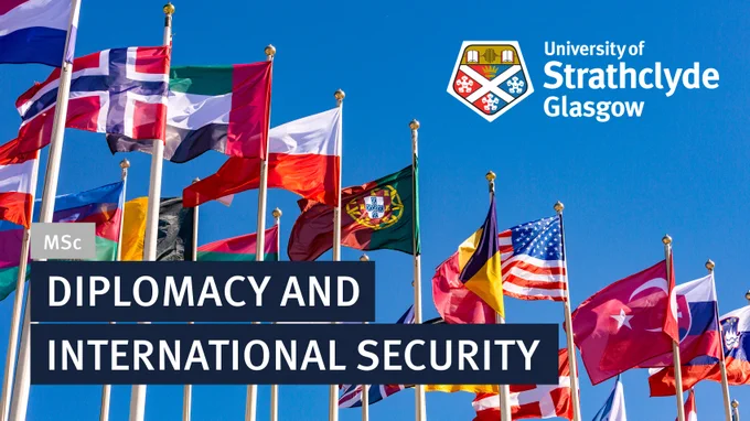 MSc Diplomacy and International Security flyer depicting world flags.
