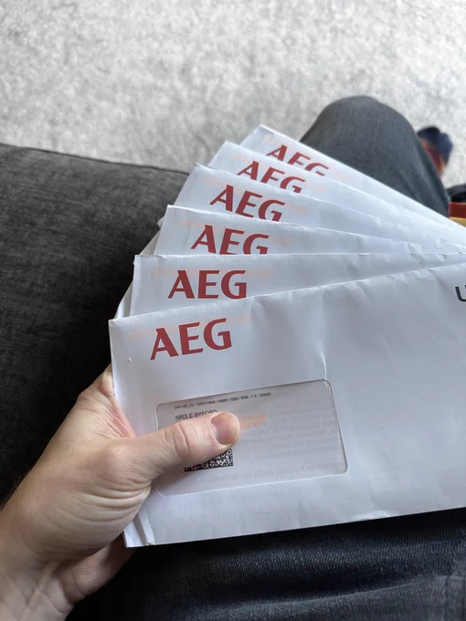 6 identical AEG branded envelopes which arrived in the post today.