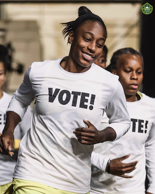 Jewell Loyd in “VOTE!” shooting shirt