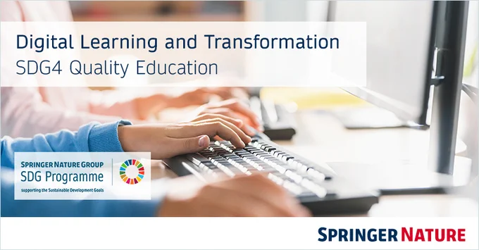 Digital Learning and Transformation SDG4 Quality Education with a graphic of hands on computer keyboards