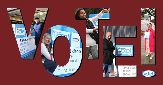 "VOTE!" is spelled with school board member photos.