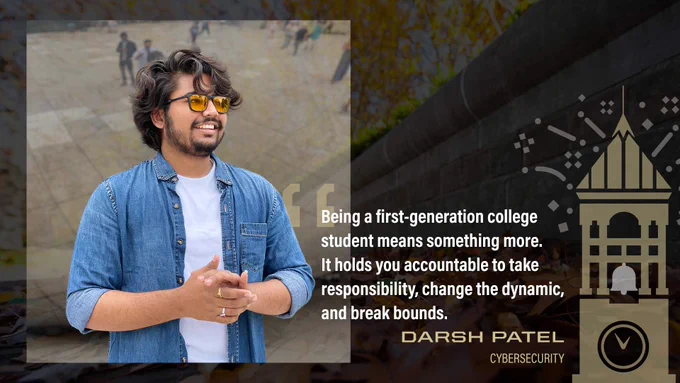 Darsh Patel, a first-generation college student studying cybersecurity