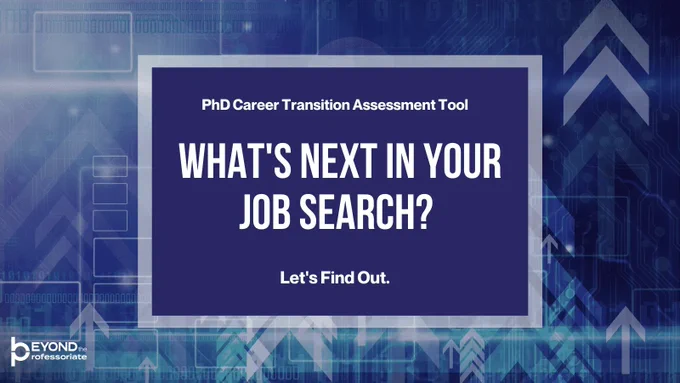 An image advertising Beyond the Professoriate’s PhD Career Transition Assessment Tool. On a purple rectangle, white texts reads “PhD Career Assessment Tool” and then, in larger type, “What’s Next in Your Job Search?” and then, in smaller type, “Let’s Find Out.”