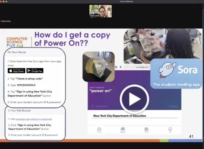 Screenshot showing how to access a copy the CS text Power On through Sora, the NYC DOE Library System's application.