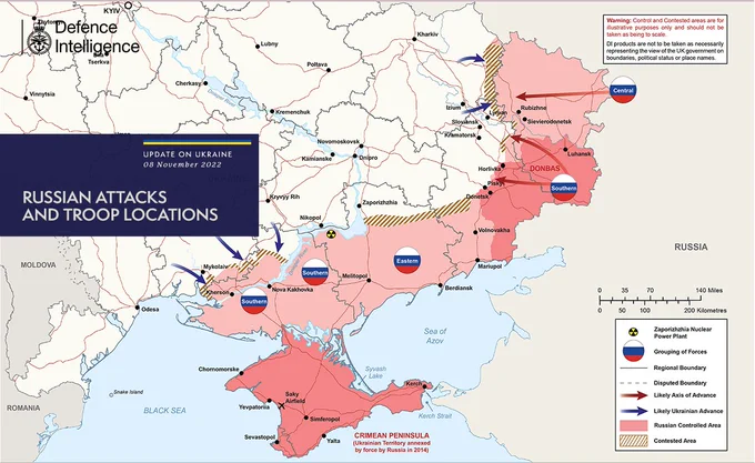 Russian attacks and troop locations map (08 November 2022).