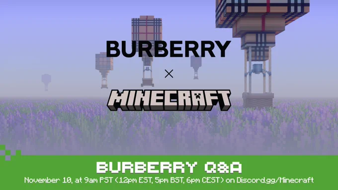 Burberry themed hot air balloons against a field of flowers with the title stating Burberry x Minecraft. Below the image: Burberry Q&A November 10 at 9am PST (12pm EST, 5pm GMT, 6pm CET) on Discord.gg/Minecraft