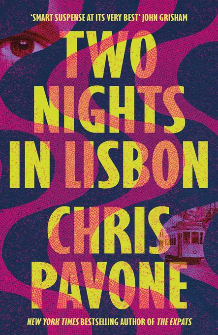 The cover for Two Nights in Lisbon which is has pink and blue in horizontal waves with an eye and a tram peeking through some parts.