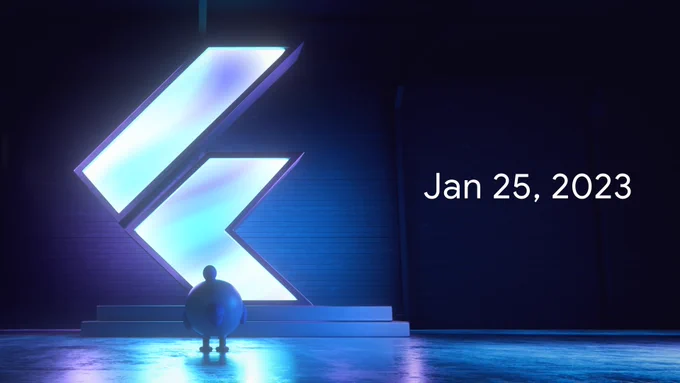 Image showing the Flutter mascot, Dash, looking up at the Flutter logo, with text that says "Jan 25, 2023".