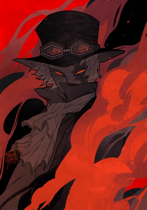 sabo being dramatic and menacing behind a curtain of fire, he's gone apeshit