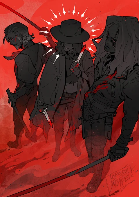 young blood jim, with a white halo, izzy and the kraken flank them, they are all bad leather bitches