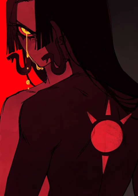 boa looking into a mirror, her tattoo a bright red on her shadowed back