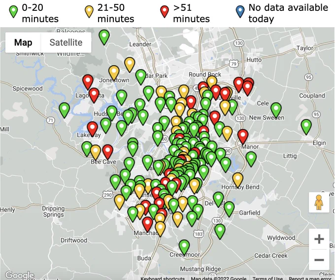 A map of polling locations in Travis County, with the majority in green, indicating a 0-20 minute wait time. A few are yellow, indicating a 21-50 minute wait time, and others are red, reflecting a wait time of more than 51 minutes.