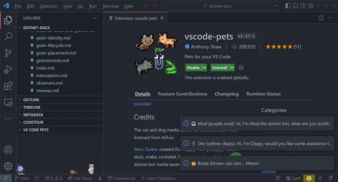 vscode-pets, running around my IDE.