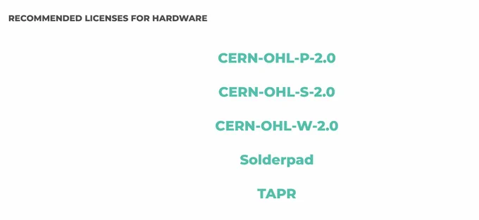 List of recommended open hardware licenses, including CERN, Solderpad and TAPR.
