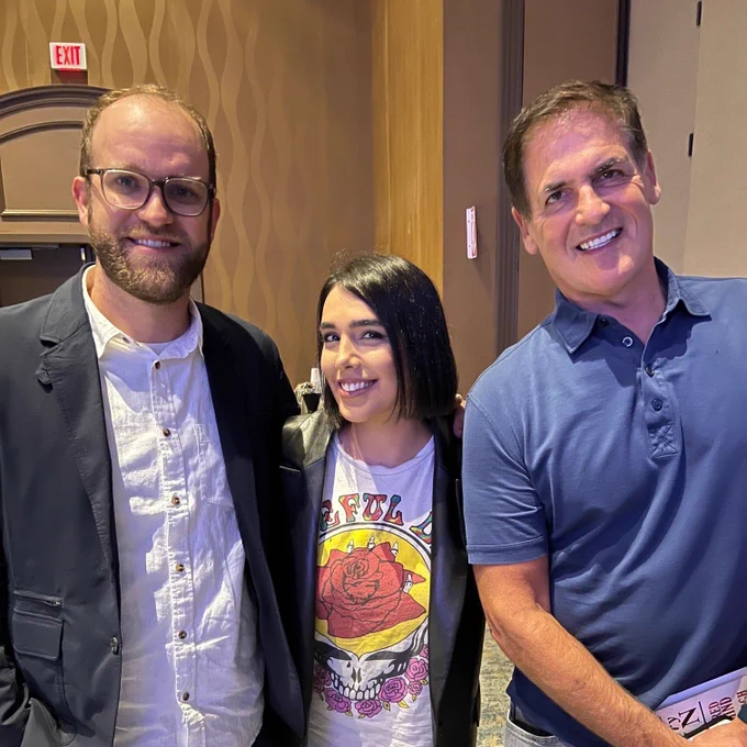 Seth Silvers, Mark Cuban, and Falon Fatemi backstage at Podcast Movement 2022 in Dallas, Texas before giving a keynote speech.