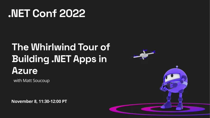 .NET Conf 2022 title slide with the title of the episode and the names of the speakers in the center.