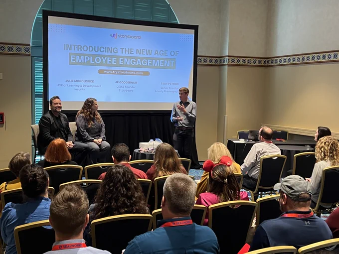 JP Gooderham, CEO of Storyboard, moderating a panel session at Learning 2022 conference