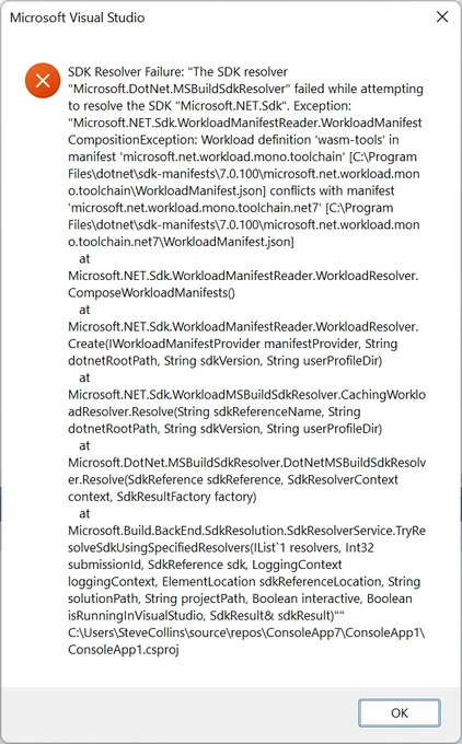 Screen grab of error in Visual Studio 2022