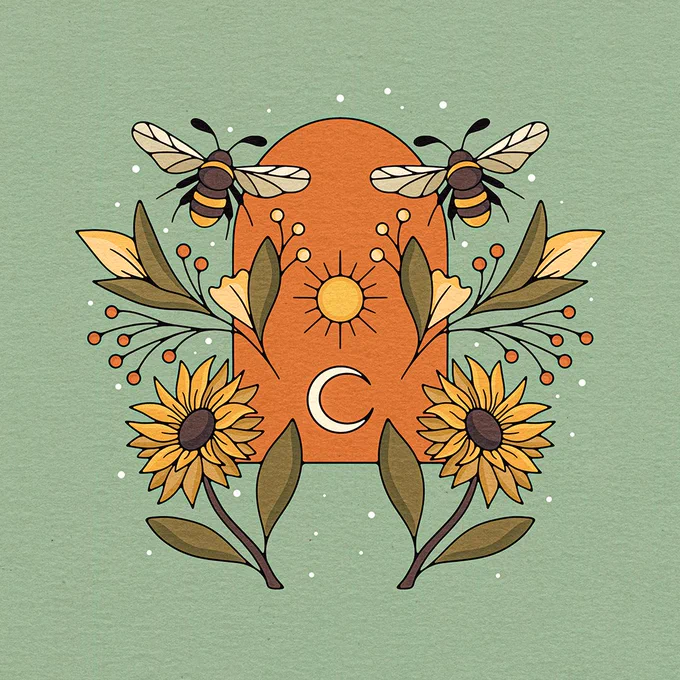 Green background and a half-pill orange shape in the middle with illustrations of bees flying around sunflowers and small yellow flowers.