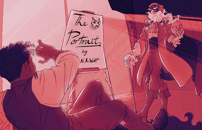 Fanart of “The Portrait” by N.A. Wolf, a Malifaux short story. Image Description: a man cowers as another man, finely dressed and with a face obscured by smoke, approached with his mask in his clawed hand. A painting easel stands between them.