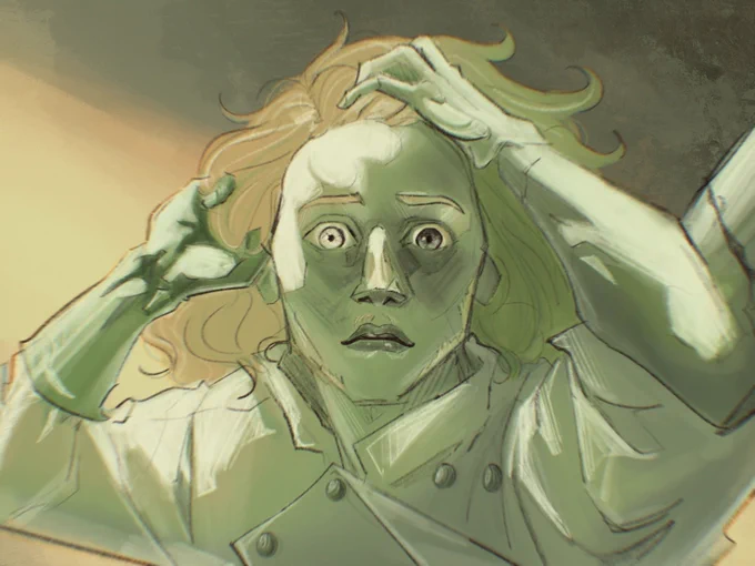 Fanart of Dr. McMourning from Malifaux. Image Description: referencing “The Desperate Man” by Gustave Courbet, McMourning stares toward the viewer with a manic look, his hands gripping at his hair