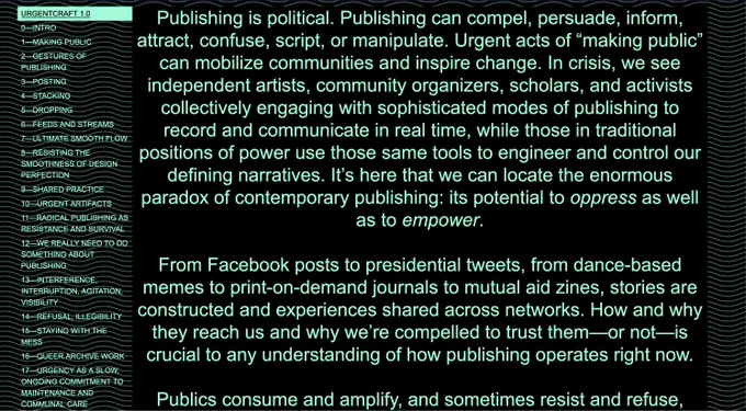 Bold green neon text on a black background outlining URGENTCRAFT’s (@QueerWork) radical publishing principles