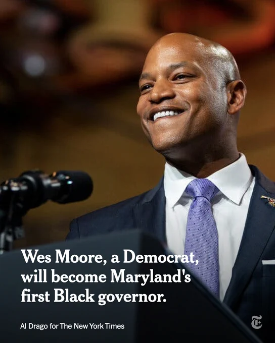 Headline over a photo of Wes Moore smiling while standing at a podium reads: "Wes Moore, a Democrat, will become Maryland's first Black governor." Photo by Al Drago for The New York Times.