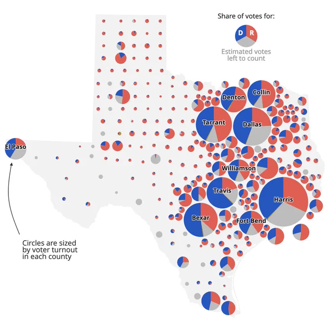 Cartogram with pie chart bubbles for each Texas county 