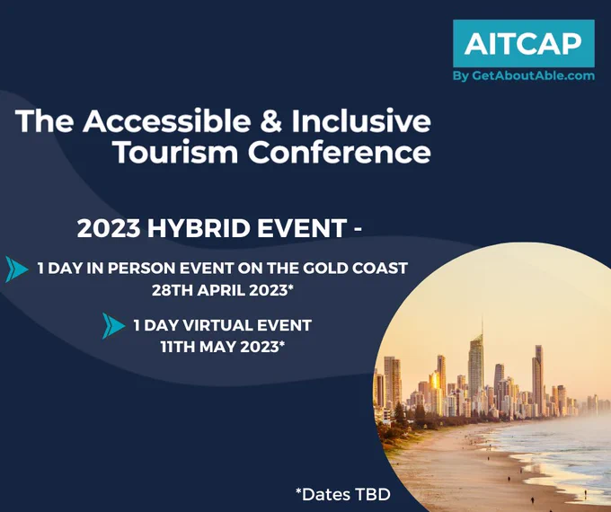 Graphic for AITCAP 2023 with a picturesque view of the Gold Coast including skyline, beach and waves in the golden light of the setting sun. The text details the hybrid event with the dates of the in person event and the virtual event