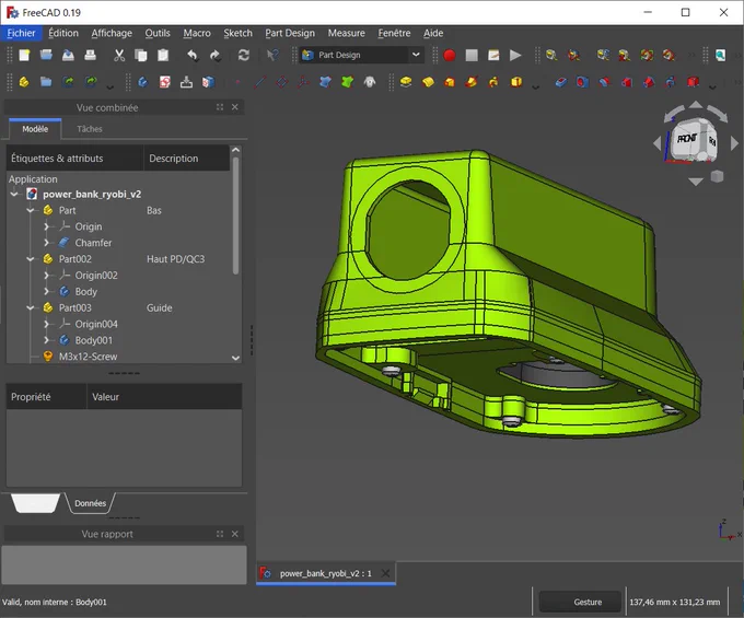 Vue FreeCAD d'une pièce modélisée par @laurent_le_goff