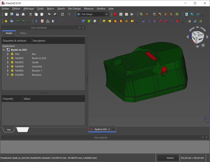 Vue FreeCAD d'une pièce modélisée par @laurent_le_goff