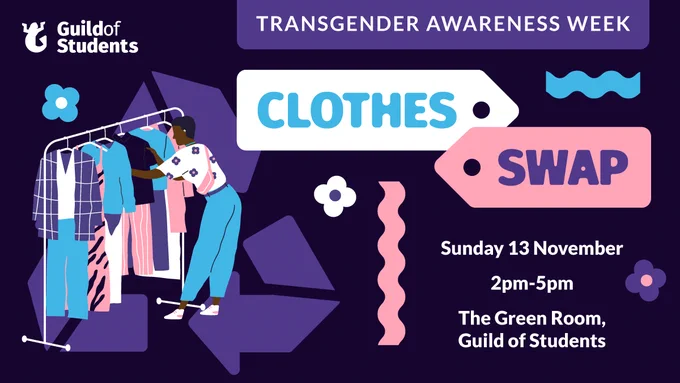 Graphic advertising the Clothing Swap taking place in the Green Room on 13th November, 2-5pm.