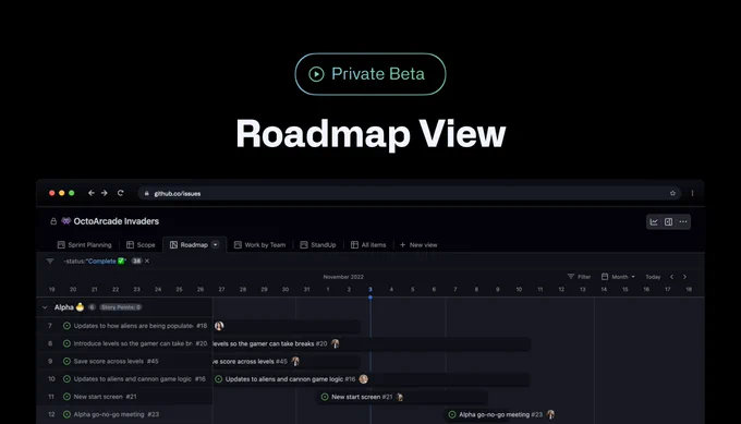 "Roadmap View" is written across an image. "Private Beta" is written above and below is a picture of the tool's interface.