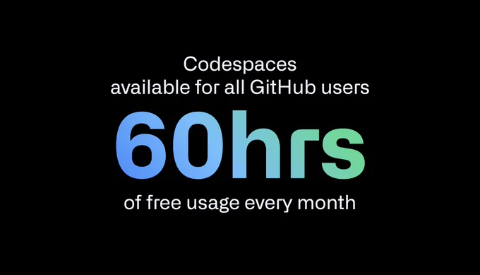 Written across an image in varying fonts and colors it says: "Codespaces available for all GitHub users. 60 hrs of free usage every month".