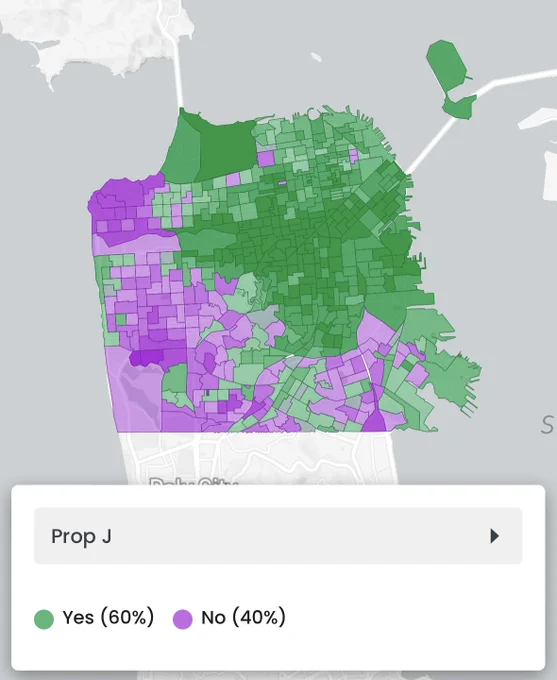 Yes/No breakdown on Prop J map in San Francisco