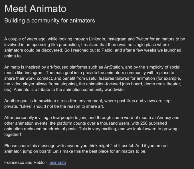 A statement about the anima.to project. Visit anima.to/about to learn more.
