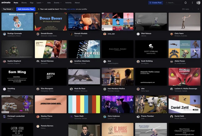 An overview of the anima.to website reels page. A grid of reel thumbnails.