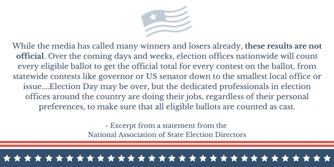 "While the media has called many winners and losers already, these results are not official.  Over the coming days and weeks, election offices nationwide will count every eligible ballot to get the official total for every contest on the ballot, from statewide contests like governor or US senator down to the smallest local office or issue....Election Day may be over, but the dedicated professionals in election offices around the country are doing their jobs, regardless of their personal preferences, to make sure that all eligible ballots are counted as cast." - Excerpt from a statement from the National Association of State Election Directors