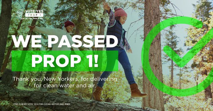 Text reads We Passed Prop 1. Thank you, New Yorkers, for delivering for clean water and air. There is a large check mark in green next to the text. Background image is a photo of a two children in a forest. They are both smiling, walking on large, fallen tree branch with their arms out, and are wearing fall or winter clothing. 
