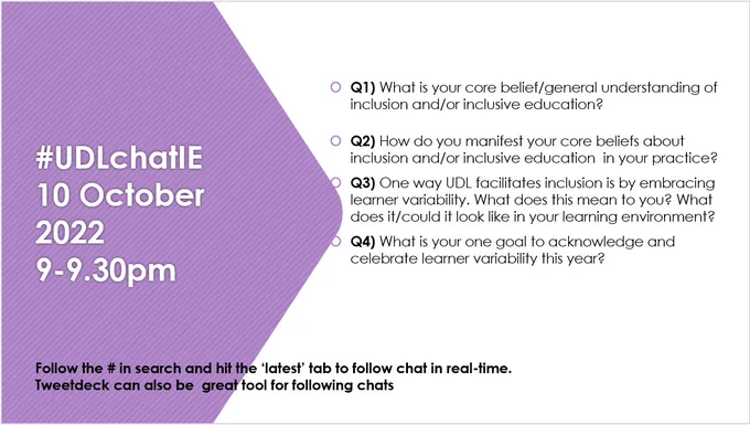 Q1) What is your core belief/general understanding of inclusion and/or inclusive education?   Q2) How do you manifest your core beliefs about inclusion and/or inclusive education  in your practice? Q3) One way UDL facilitates inclusion is by embracing learner variability. What does this mean to you? What does it/could it look like in your learning environment? Q4) What is your one goal to acknowledge and celebrate learner variability this year?