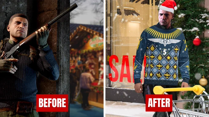 Two images side by side, on the left is Karl Fairburne holding a rifle ready as he hides from a Christmas market outdoors. Text says BEFORE in bold font. On the right is Karl Fairburne wearing a festive Sniper Elite 5 jumper, pushing a shopping kart having left a shop with festive decorations. Karl is also wearing a santa hat. Text says AFTER in bold font.