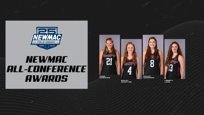 A graphic featuring the NEWMAC field hockey 25th anniversary logo and headshots of Paige Forester, Bailey McIntyre, Ashley Lederman, and Liberty Ladd
