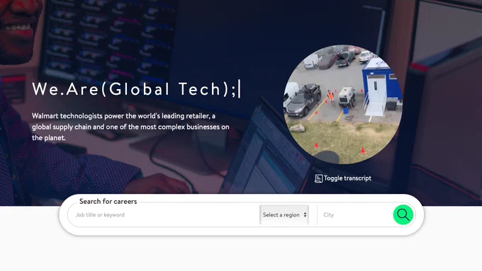 Image of tech.walmart.com site showing search field to explore careers at Walmart Global Tech.